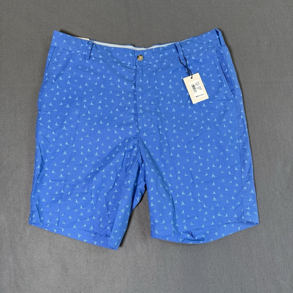 NWT Peter Millar Seaside Blue Sailboat Men's Chino Flat Front Shorts 36 $115